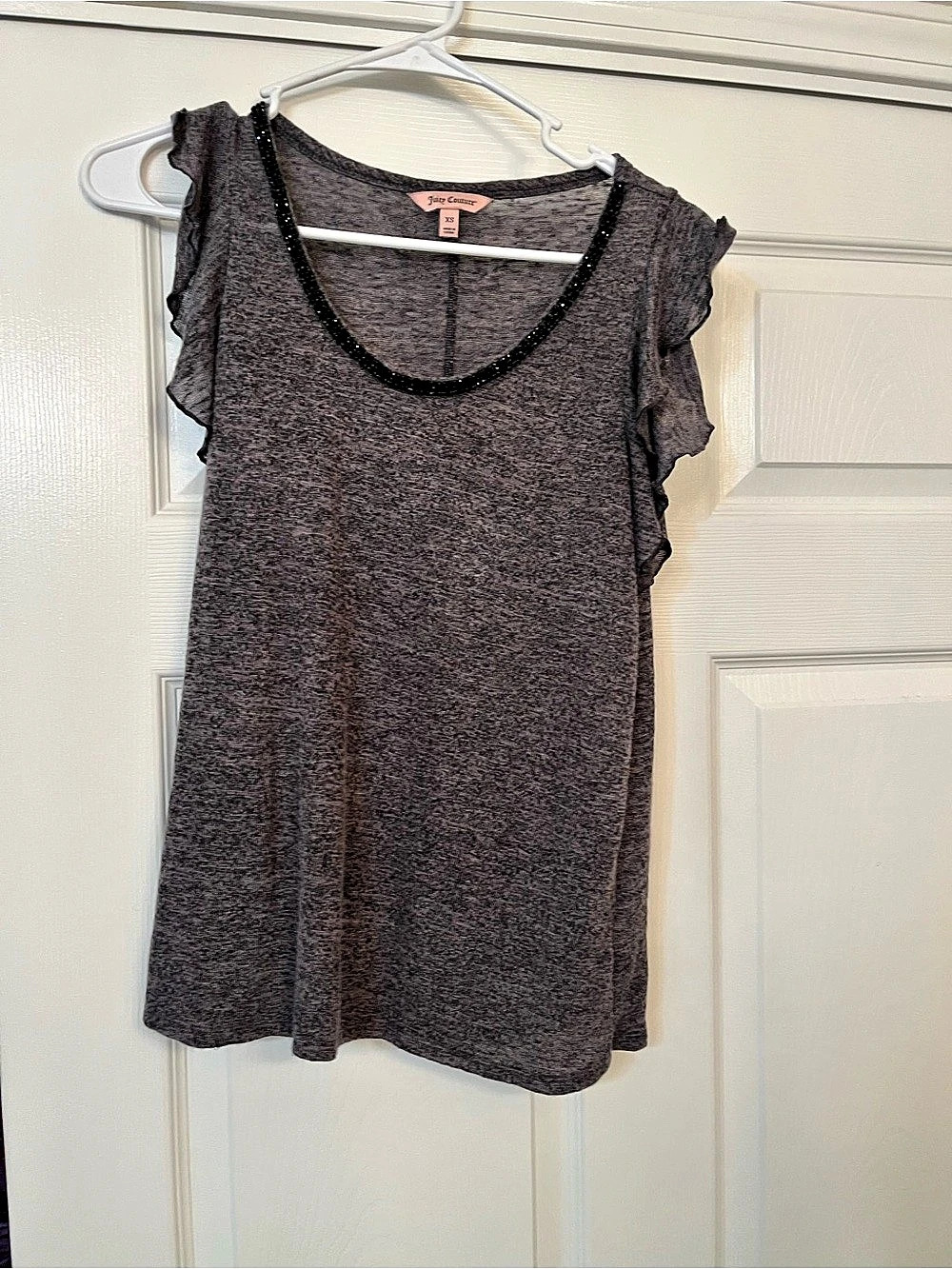 Juicy Couture Space Dye Beaded Neck Ruffle Cap Sleeve Knit Top Gray XS